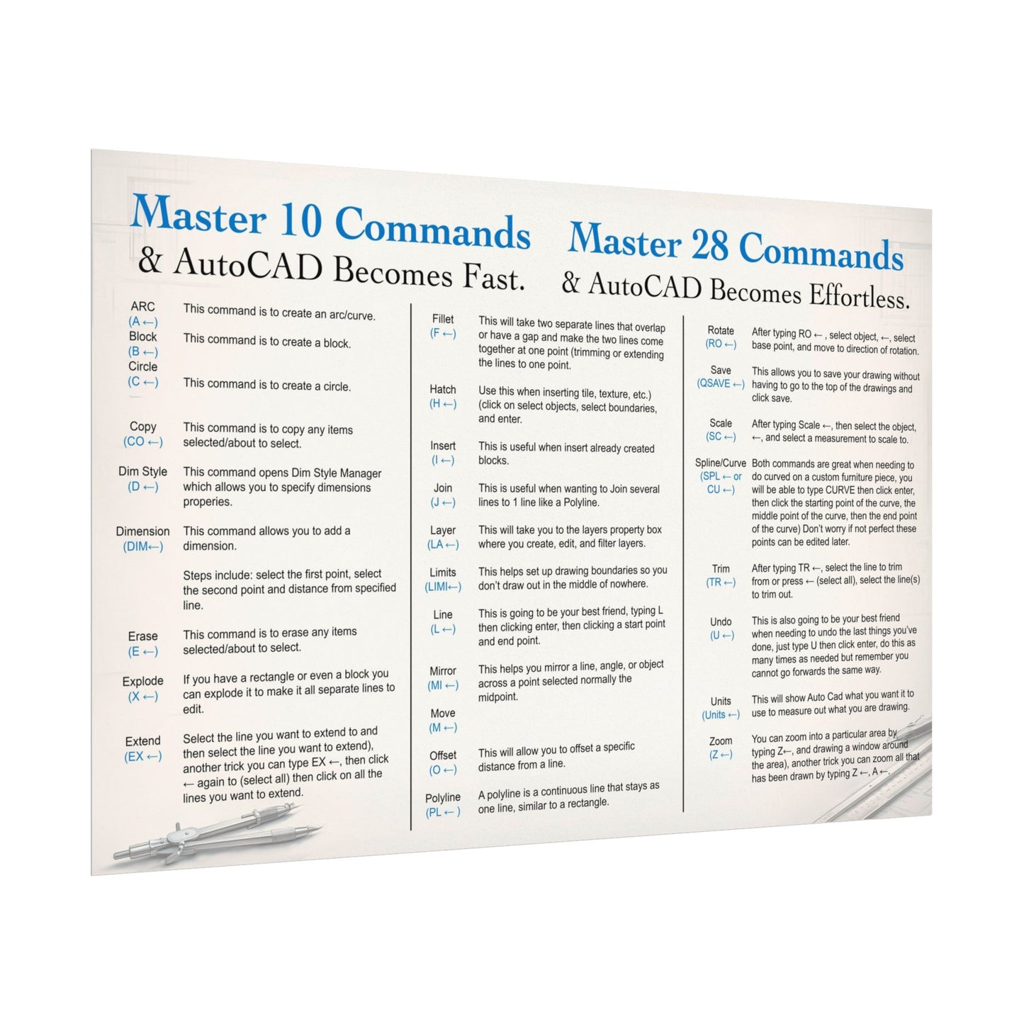 AutoCAD Command Cheat Sheet Poster (Design #2)
