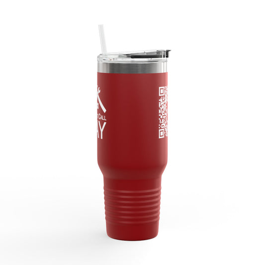 40oz Insulated Travel Mug with QR Code Design — Red Thermal Tumbler with Handle