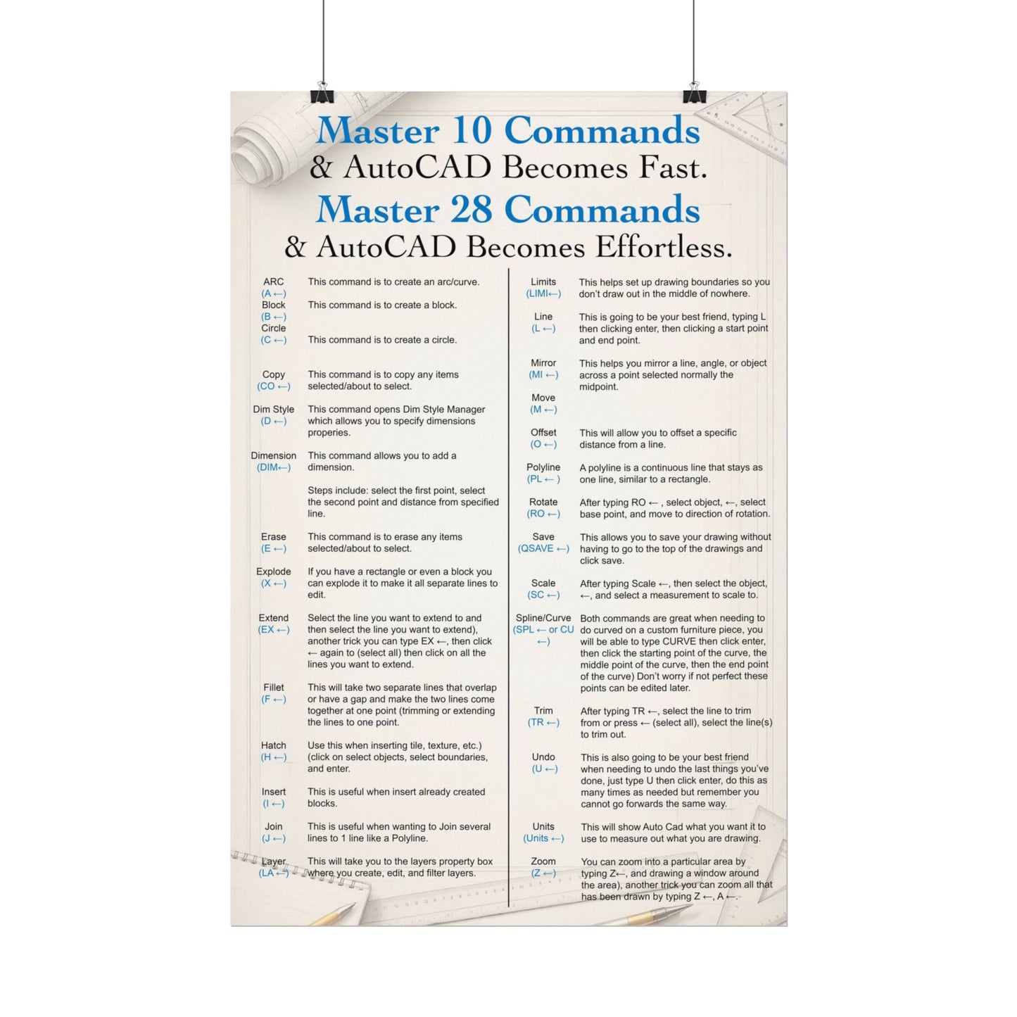 AutoCAD Command Cheat Sheet Poster (Design #4)