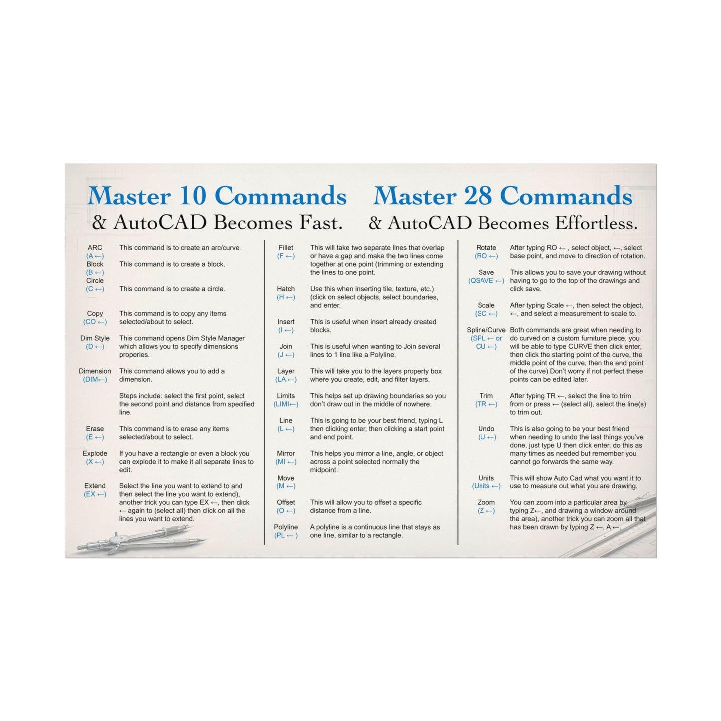 AutoCAD Command Cheat Sheet Poster (Design #2)