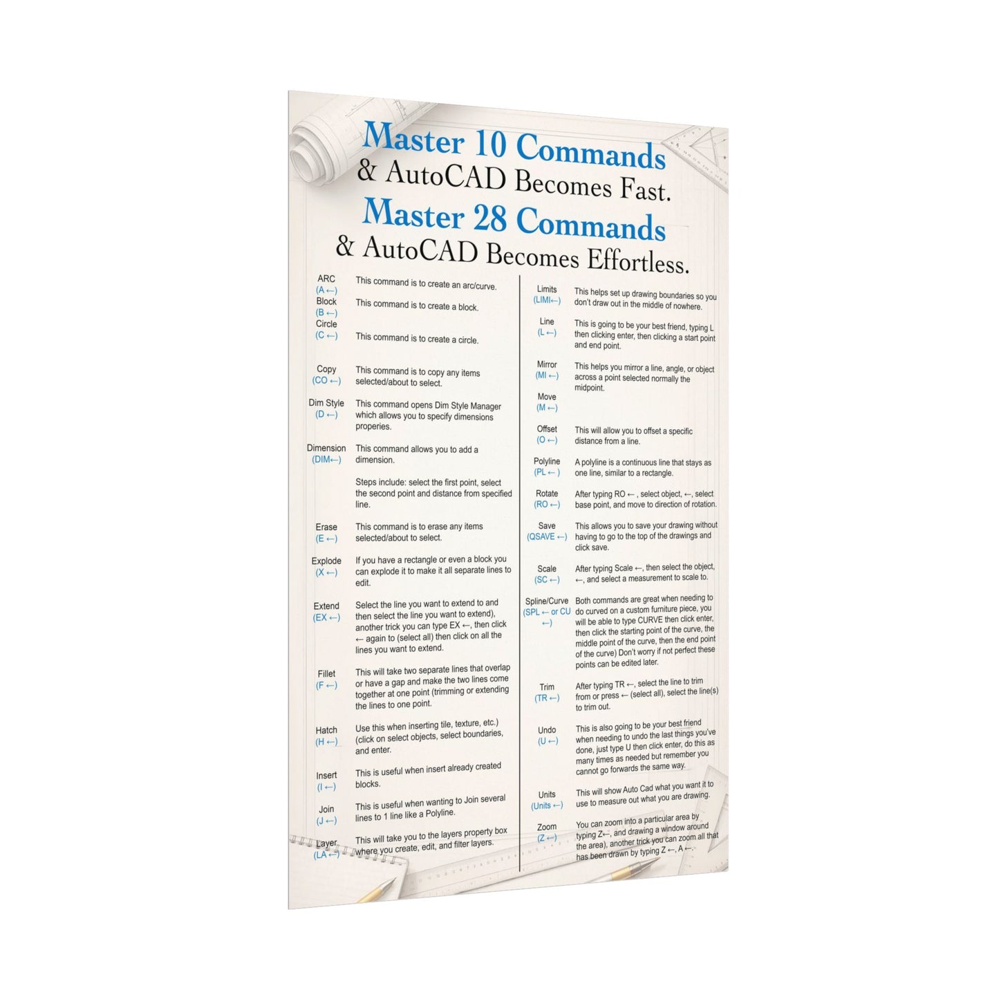 AutoCAD Command Cheat Sheet Poster (Design #4)