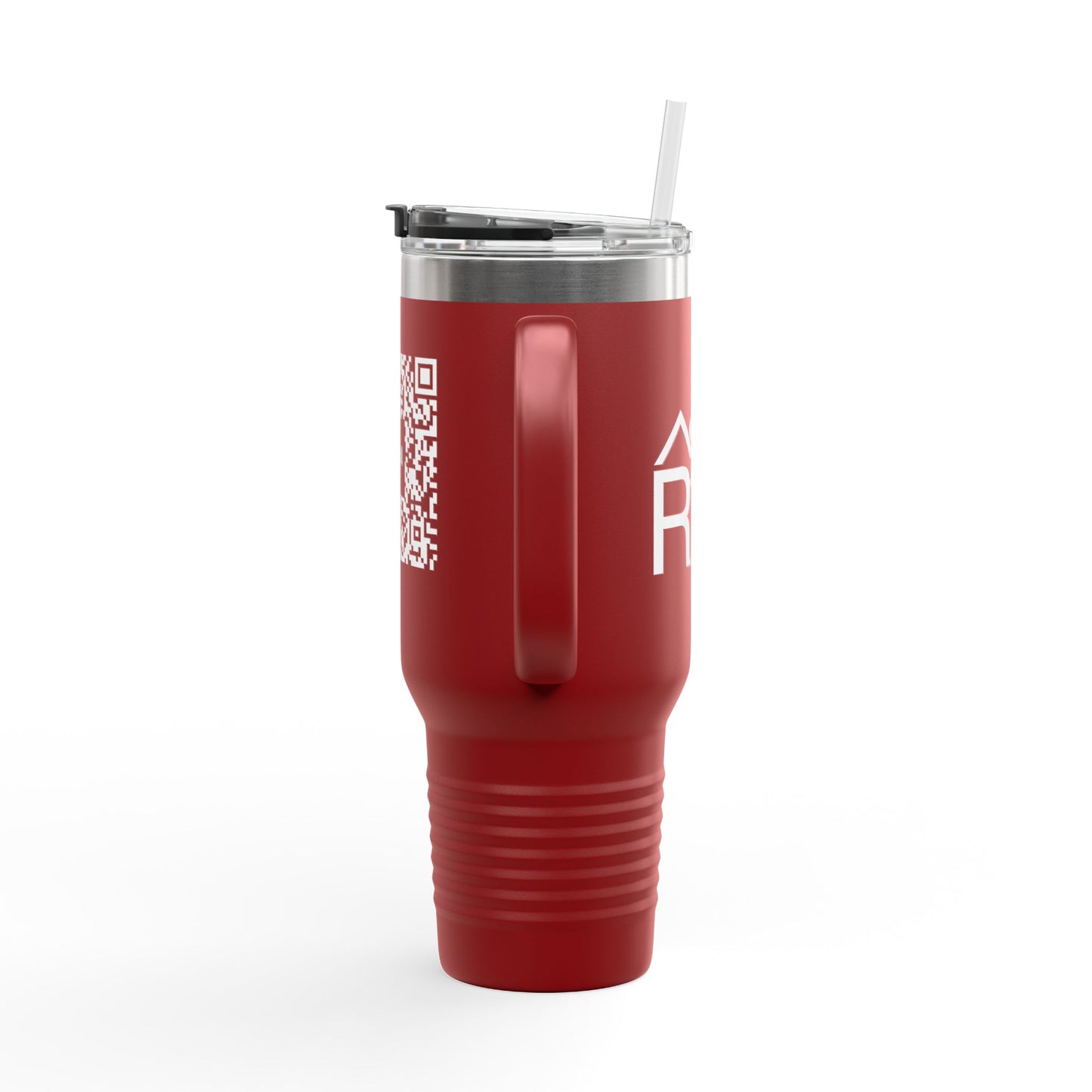 40oz Insulated Travel Mug with QR Code Design — Red Thermal Tumbler with Handle