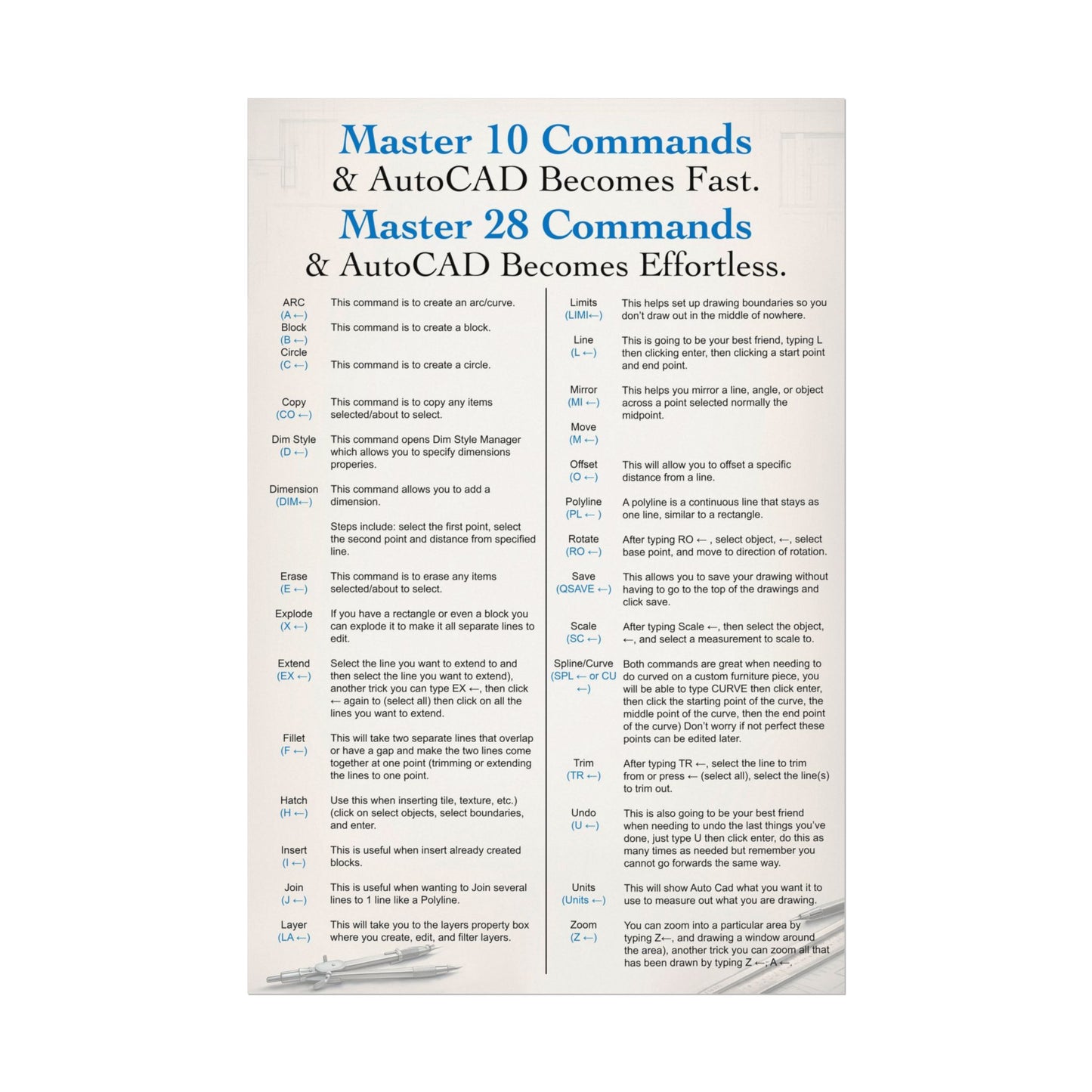AutoCAD Command Cheat Sheet Poster (Design #5)